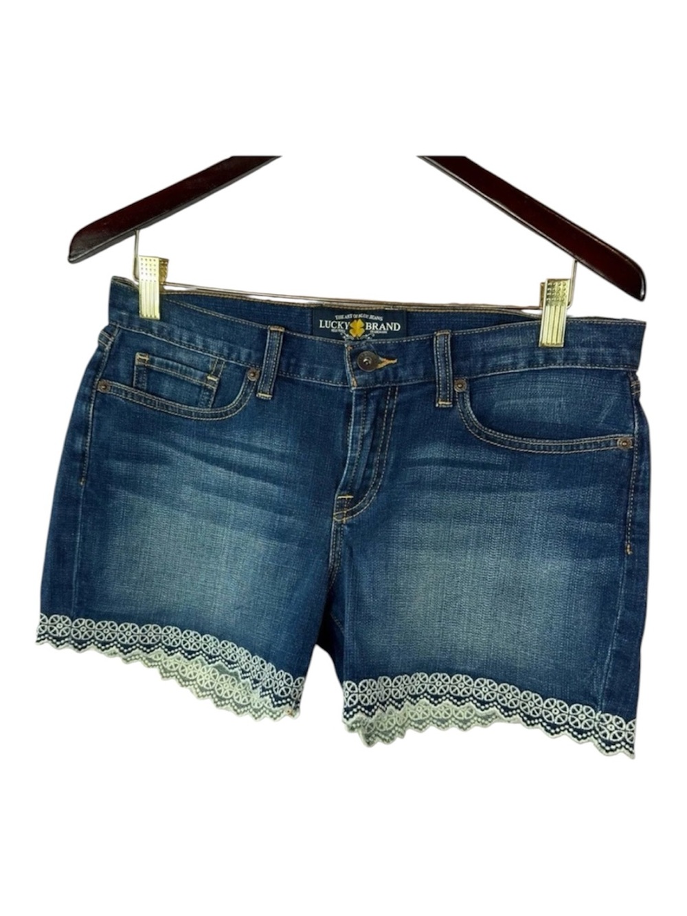 Lucky Brand Denim jeans Abbey Short sz 10/30 embroidered lace trim boho western